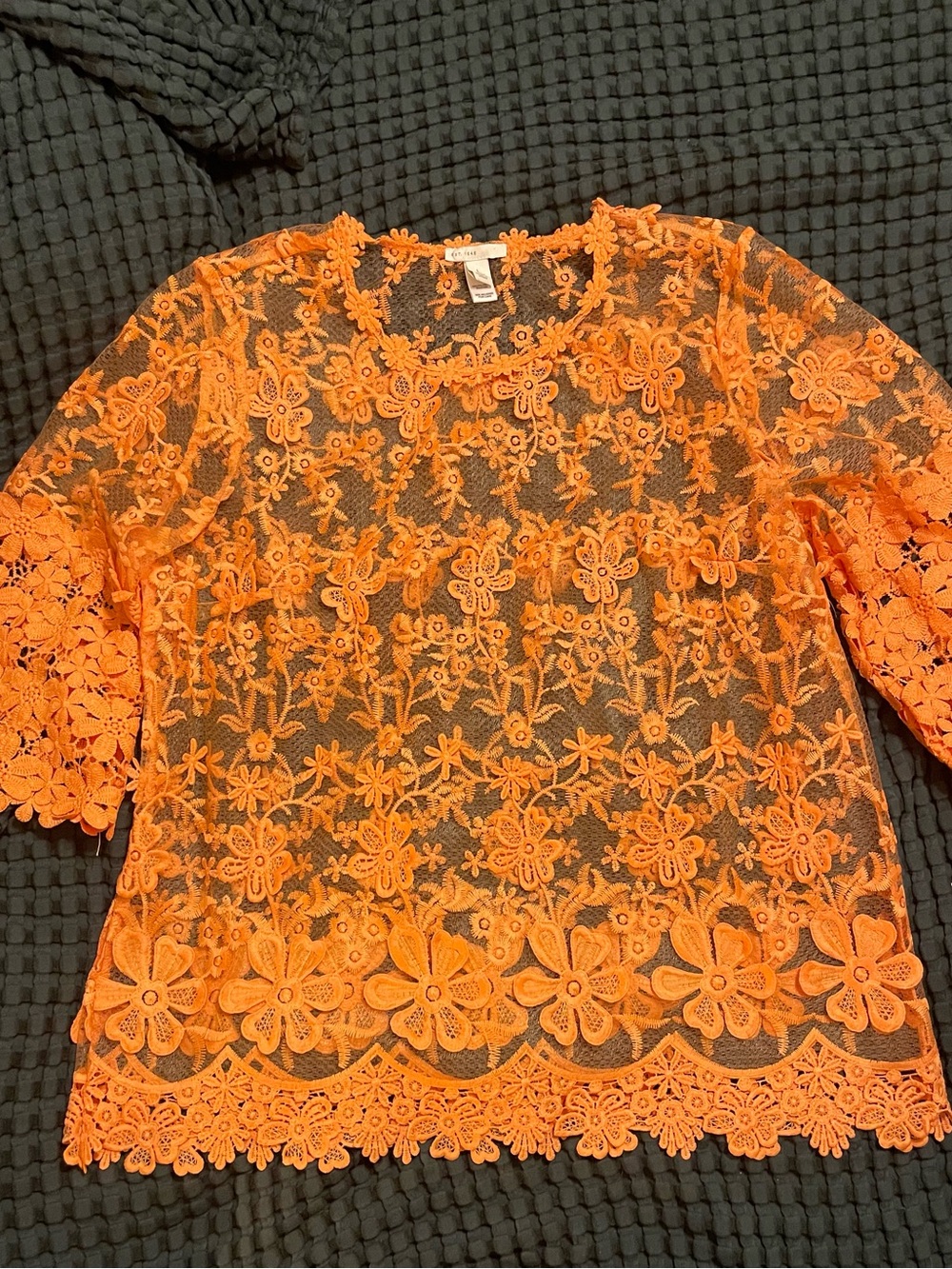 Women's Orange Floral Lace Blouse with Scalloped Hem